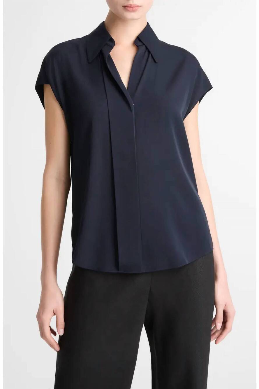 NEW VINCE cap sleeve hidden placket blouse in 403/coastal
